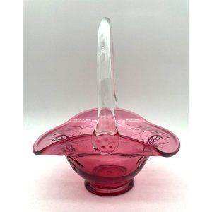 Vtg. Kanawha Art Cranberry Basket Applied Handle